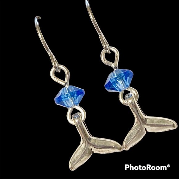 Silver Mermaid Whale Tail Earrings Blue Bead Plated Dangle Dainty Nautical - Picture 2 of 12